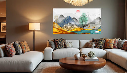 Modern Golden Hills & Deer Scenic Acrylic Wall Art
