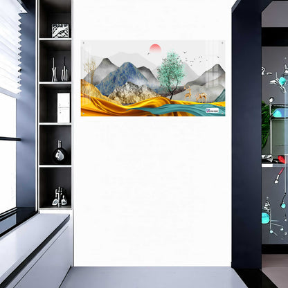 Modern Golden Hills & Deer Scenic Acrylic Wall Art