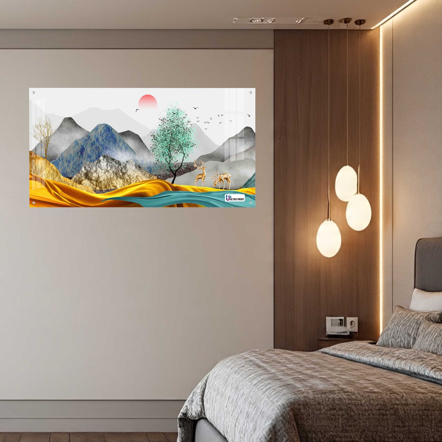Modern Golden Hills & Deer Scenic Acrylic Wall Art