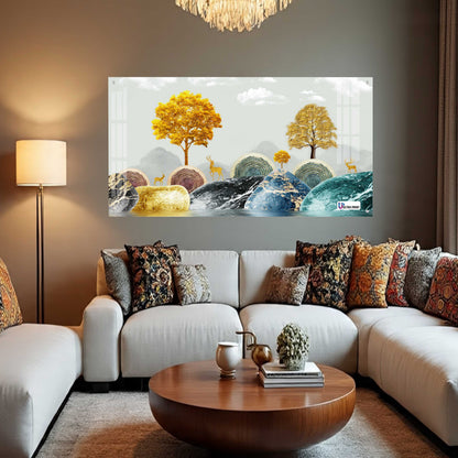 Contemporary Marble Hills & Golden Deer Landscape Acrylic Wall Art