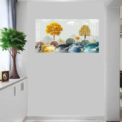 Contemporary Marble Hills & Golden Deer Landscape Acrylic Wall Art