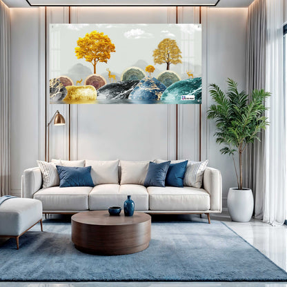 Contemporary Marble Hills & Golden Deer Landscape Acrylic Wall Art