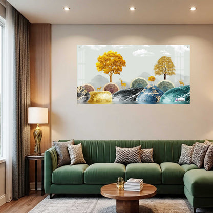Contemporary Marble Hills & Golden Deer Landscape Acrylic Wall Art