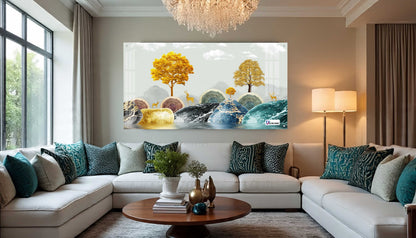 Contemporary Marble Hills & Golden Deer Landscape Acrylic Wall Art