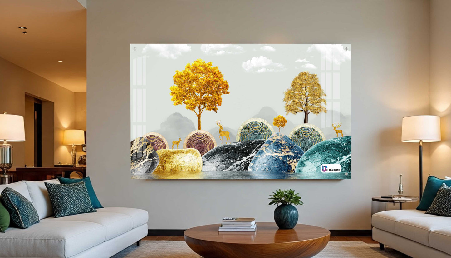 Contemporary Marble Hills & Golden Deer Landscape Acrylic Wall Art