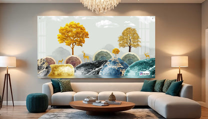 Contemporary Marble Hills & Golden Deer Landscape Acrylic Wall Art