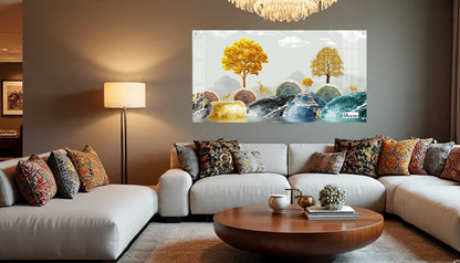 Contemporary Marble Hills & Golden Deer Landscape Acrylic Wall Art