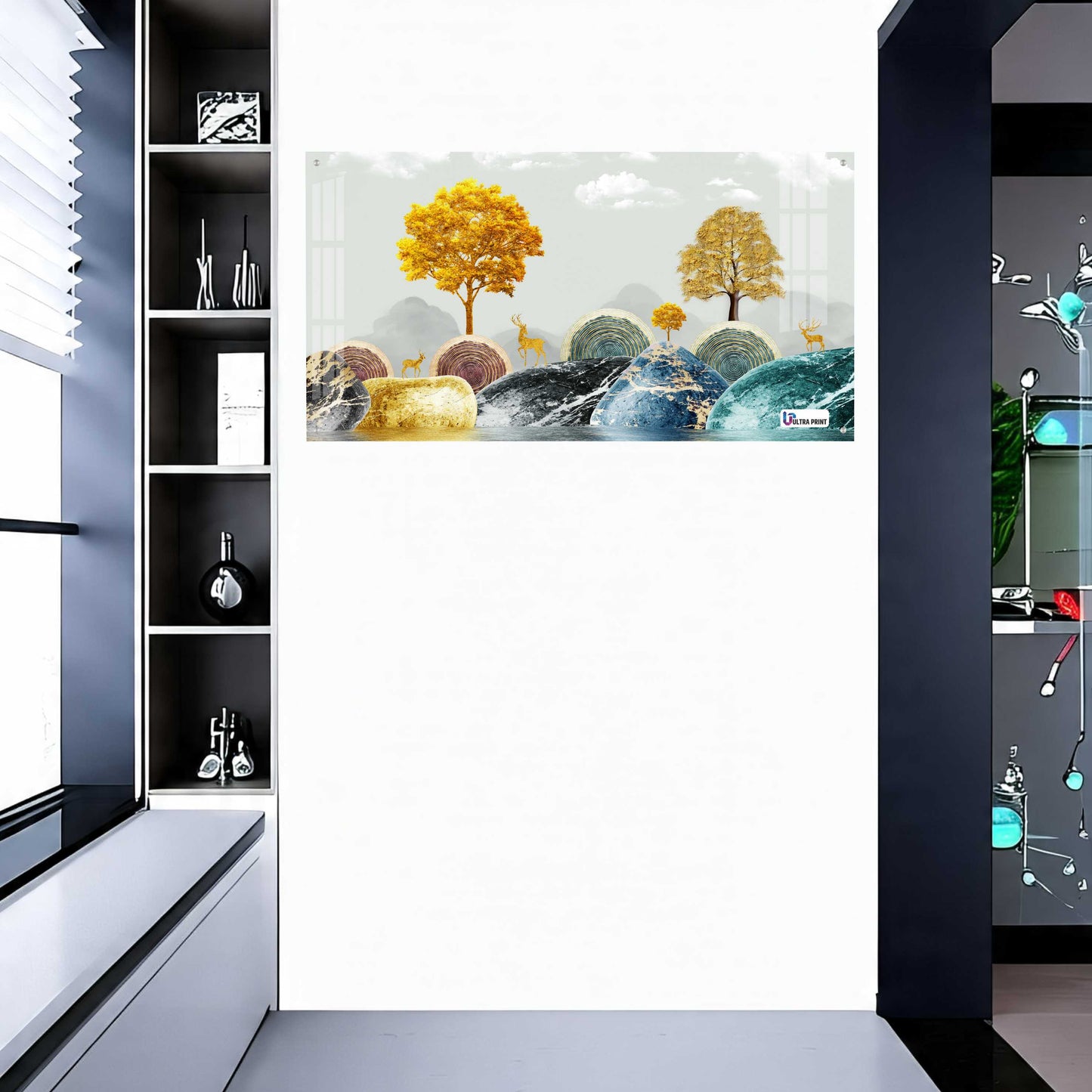 Contemporary Marble Hills & Golden Deer Landscape Acrylic Wall Art