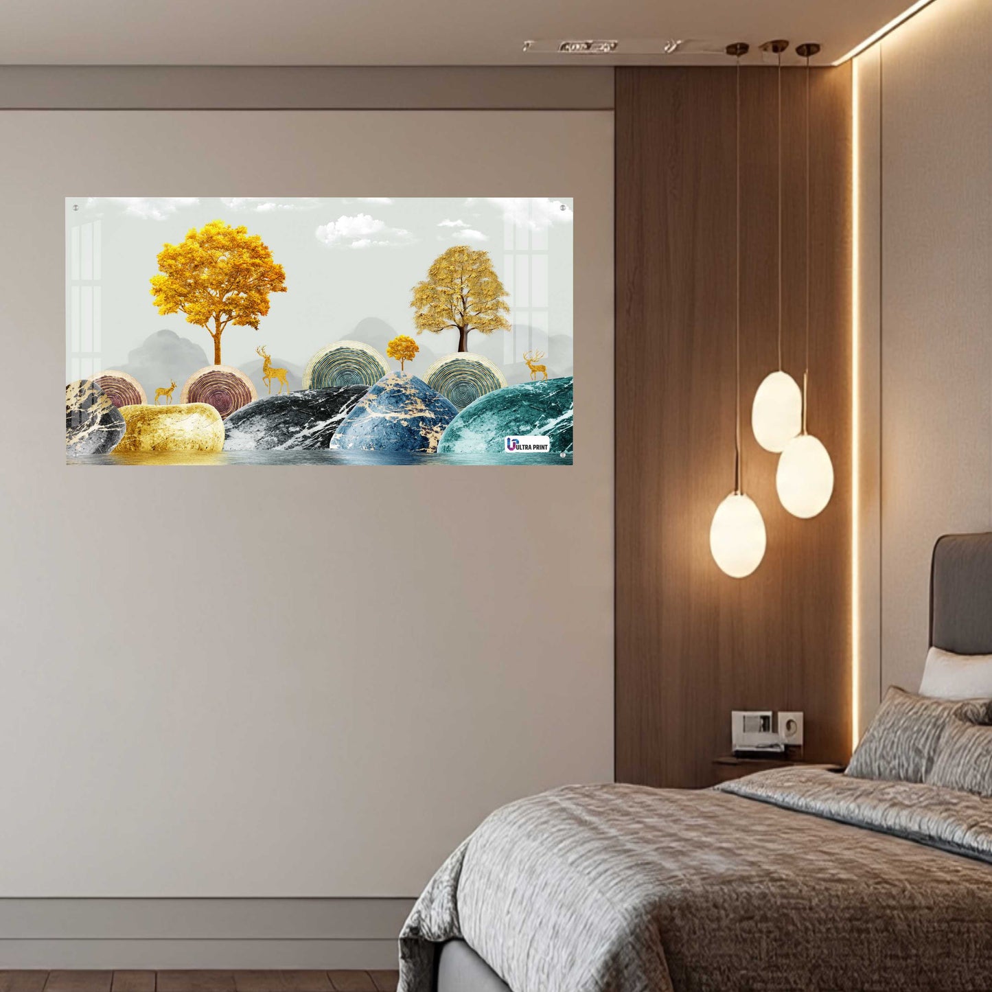 Contemporary Marble Hills & Golden Deer Landscape Acrylic Wall Art