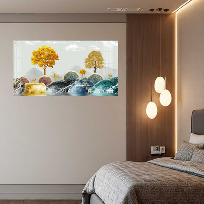Contemporary Marble Hills & Golden Deer Landscape Acrylic Wall Art