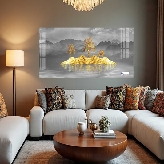 Golden Floating Island Deer & Trees Modern Acrylic Wall Art