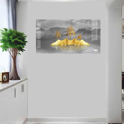 Golden Floating Island Deer & Trees Modern Acrylic Wall Art