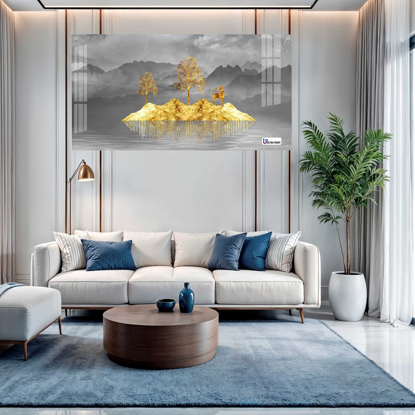 Golden Floating Island Deer & Trees Modern Acrylic Wall Art