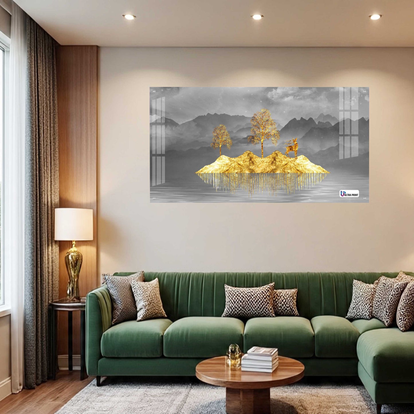 Golden Floating Island Deer & Trees Modern Acrylic Wall Art