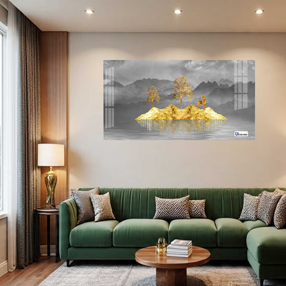 Golden Floating Island Deer & Trees Modern Acrylic Wall Art