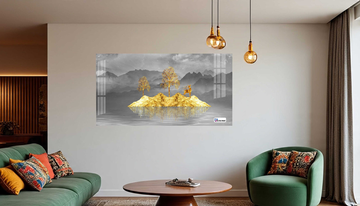 Golden Floating Island Deer & Trees Modern Acrylic Wall Art