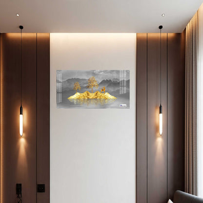 Golden Floating Island Deer & Trees Modern Acrylic Wall Art