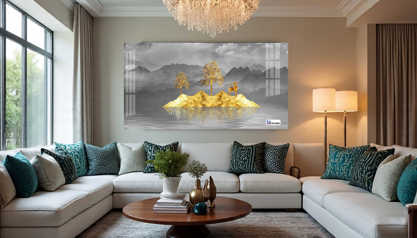 Golden Floating Island Deer & Trees Modern Acrylic Wall Art