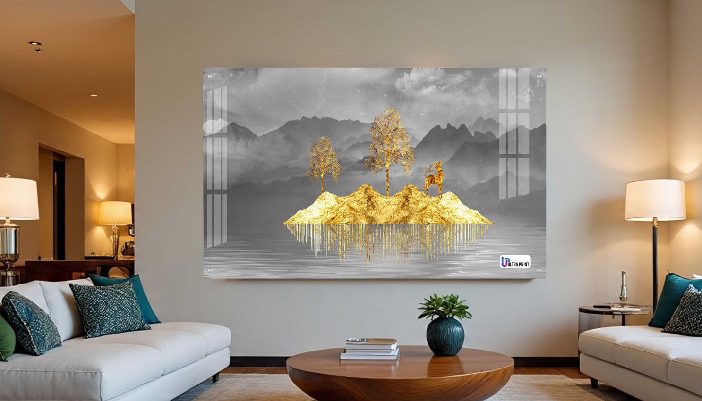 Golden Floating Island Deer & Trees Modern Acrylic Wall Art