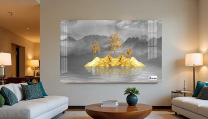 Golden Floating Island Deer & Trees Modern Acrylic Wall Art
