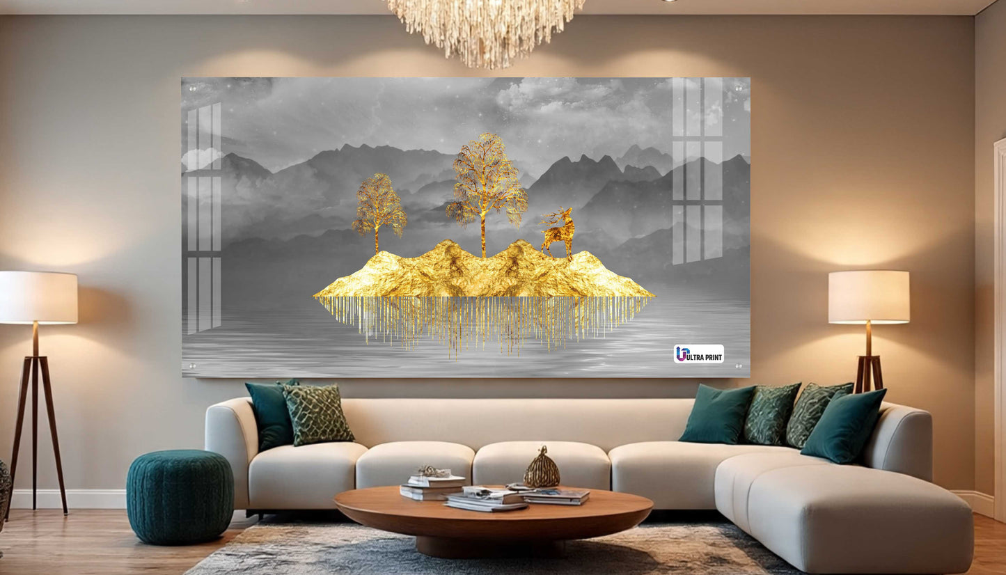 Golden Floating Island Deer & Trees Modern Acrylic Wall Art