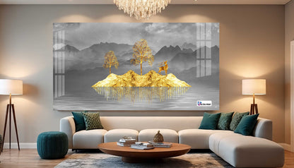 Golden Floating Island Deer & Trees Modern Acrylic Wall Art
