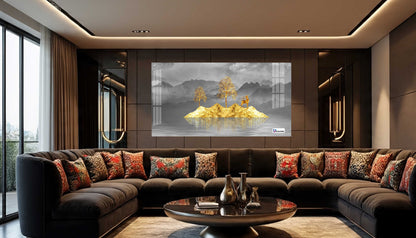 Golden Floating Island Deer & Trees Modern Acrylic Wall Art