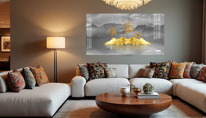 Golden Floating Island Deer & Trees Modern Acrylic Wall Art