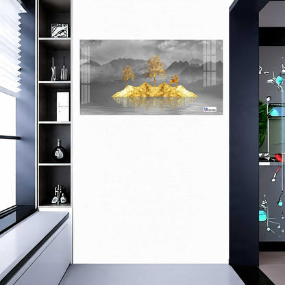 Golden Floating Island Deer & Trees Modern Acrylic Wall Art
