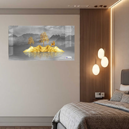 Golden Floating Island Deer & Trees Modern Acrylic Wall Art