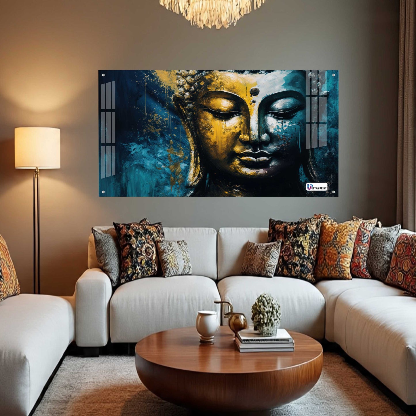 Golden Blue Buddha Face Spiritual Abstract Wall Art
