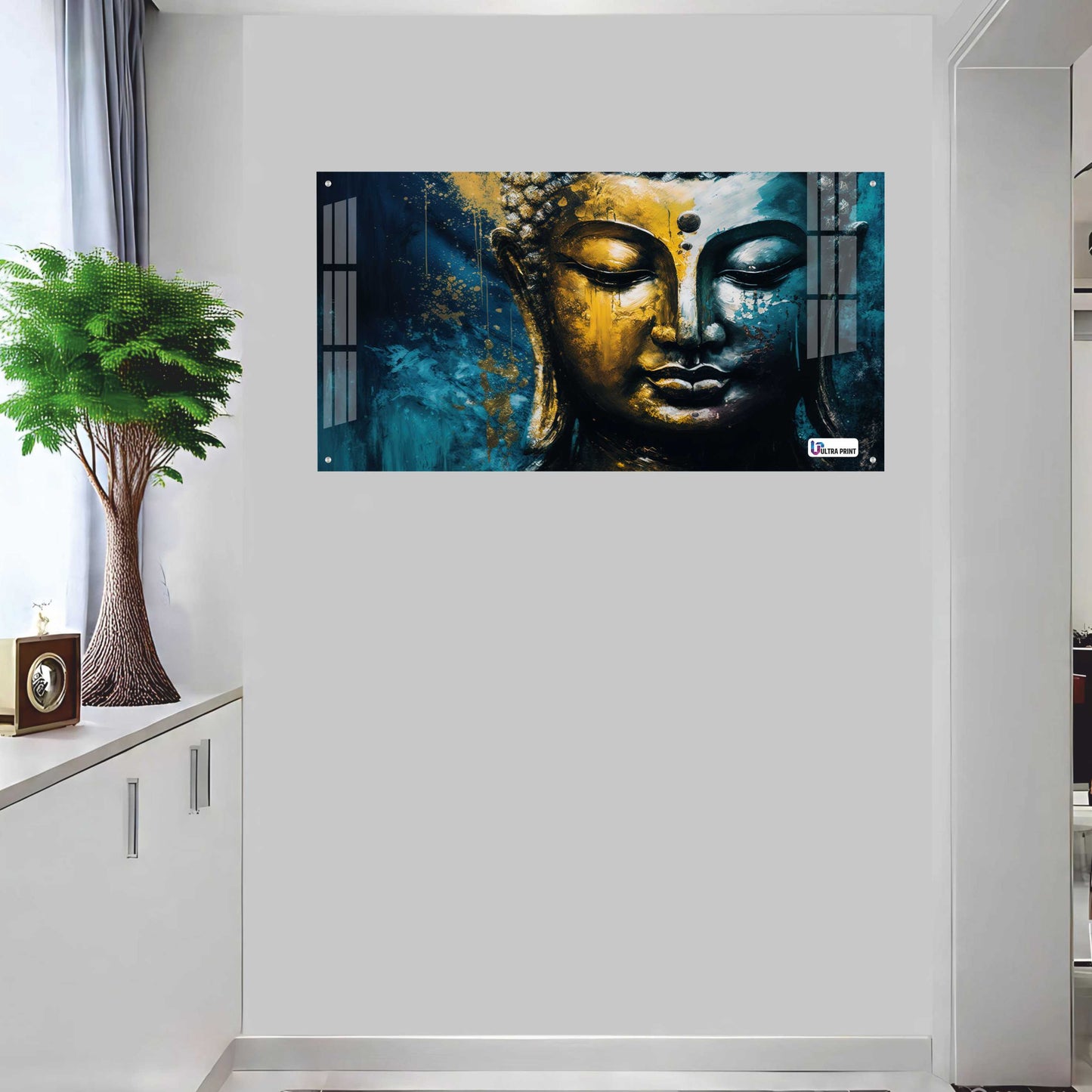 Golden Blue Buddha Face Spiritual Abstract Wall Art