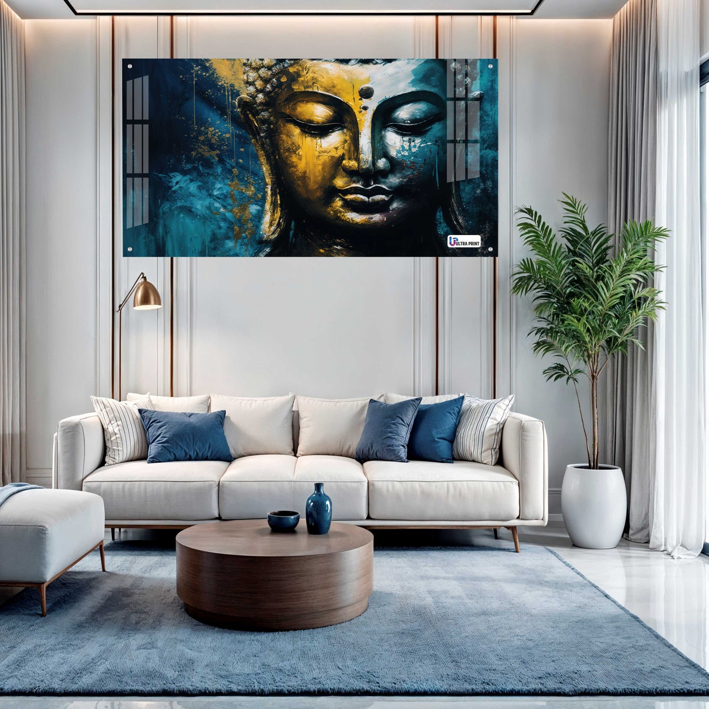 Golden Blue Buddha Face Spiritual Abstract Wall Art