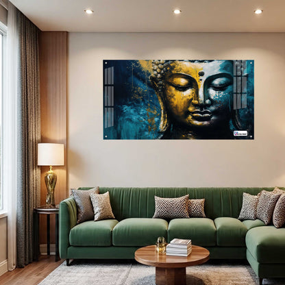 Golden Blue Buddha Face Spiritual Abstract Wall Art