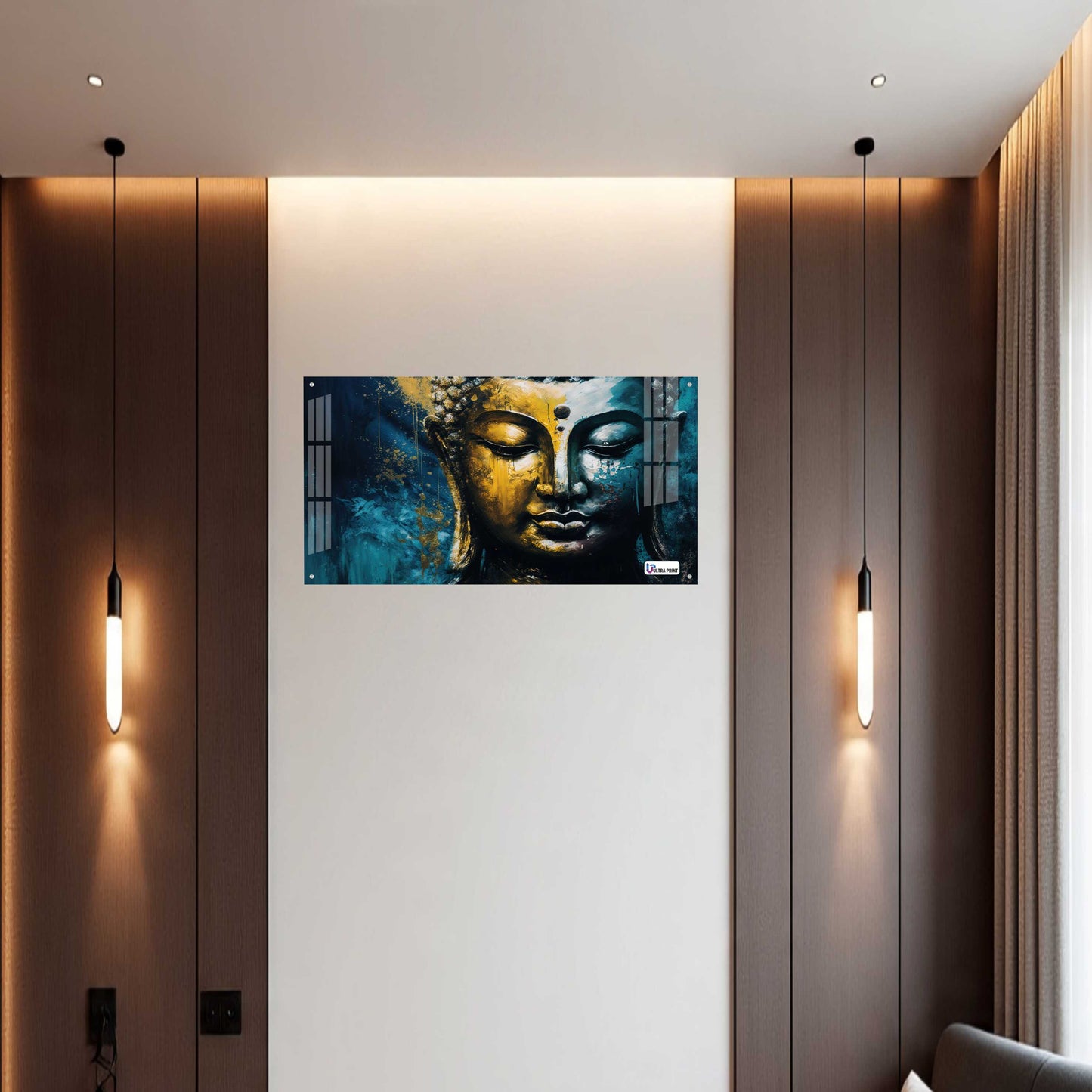 Golden Blue Buddha Face Spiritual Abstract Wall Art