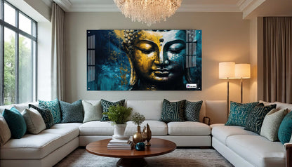Golden Blue Buddha Face Spiritual Abstract Wall Art