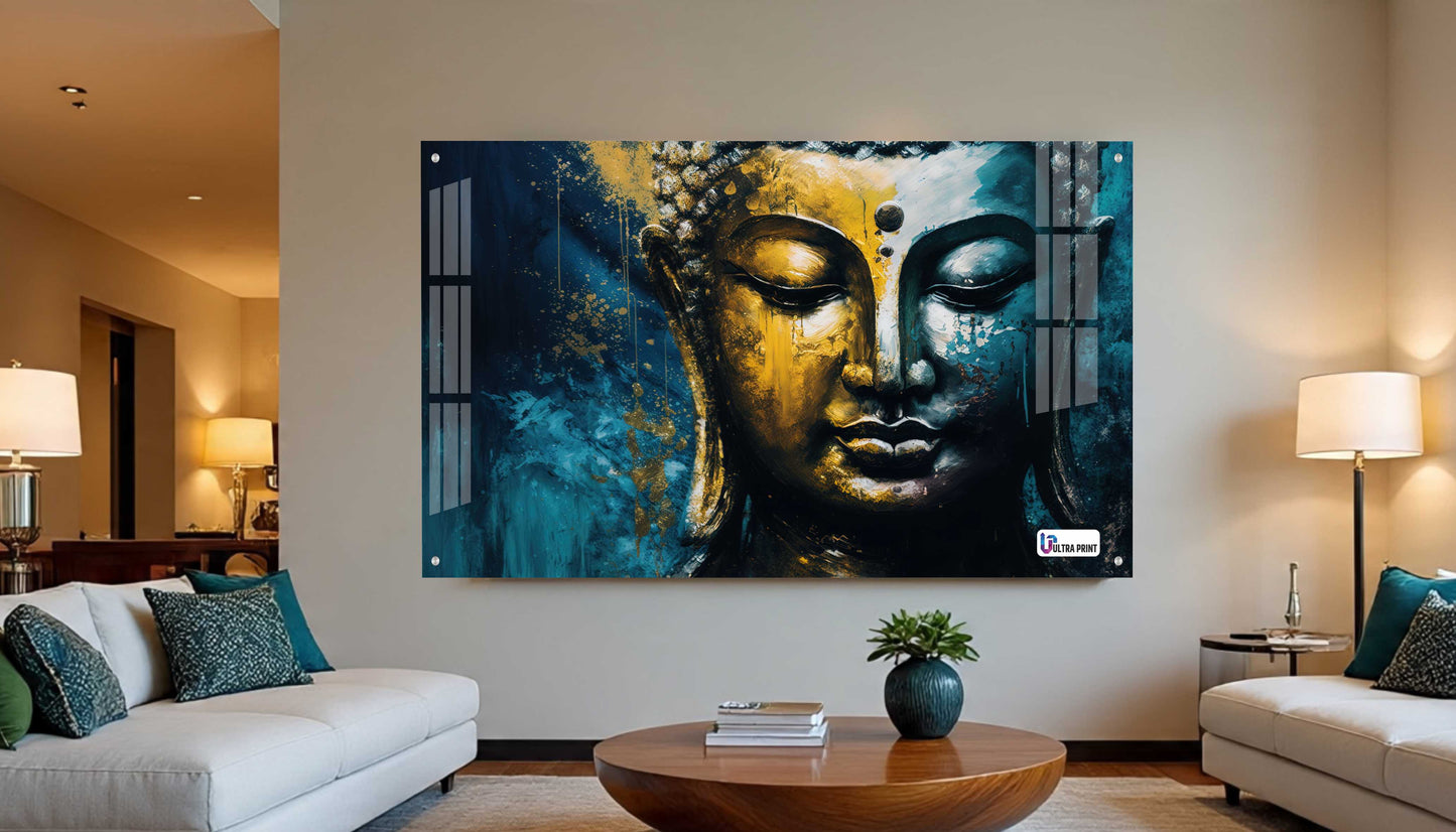 Golden Blue Buddha Face Spiritual Abstract Wall Art