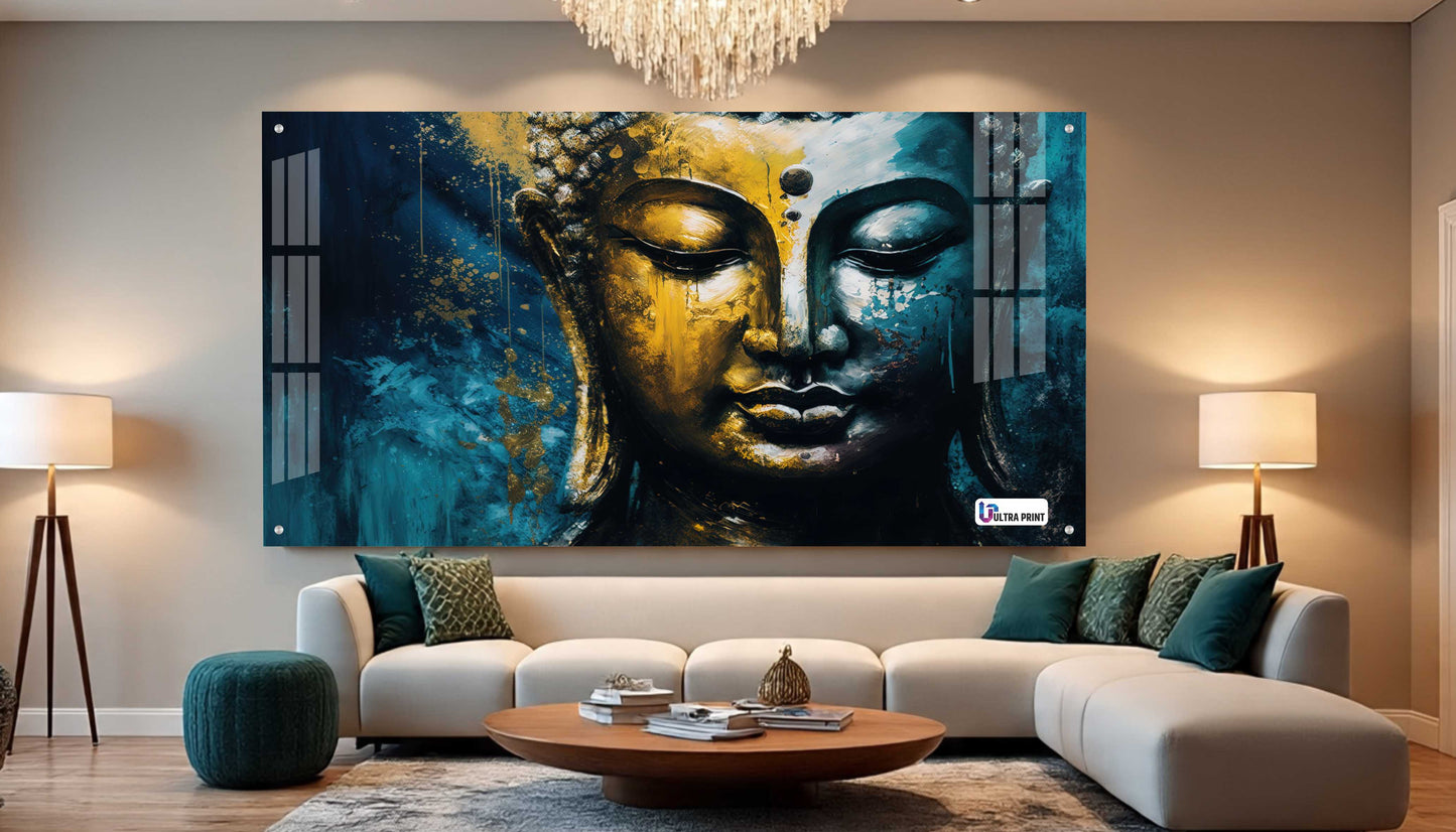 Golden Blue Buddha Face Spiritual Abstract Wall Art