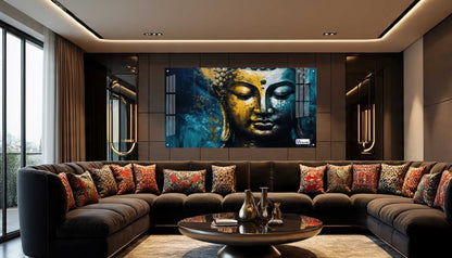Golden Blue Buddha Face Spiritual Abstract Wall Art