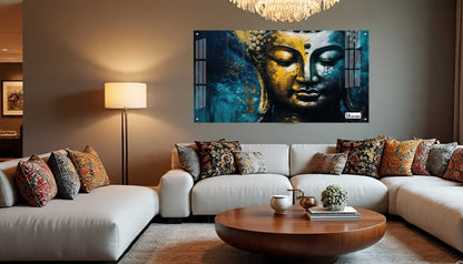 Golden Blue Buddha Face Spiritual Abstract Wall Art