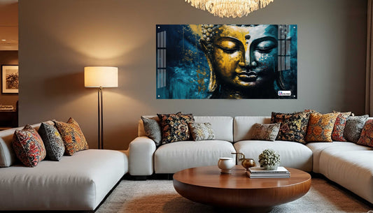 Golden Blue Buddha Face Spiritual Abstract Wall Art