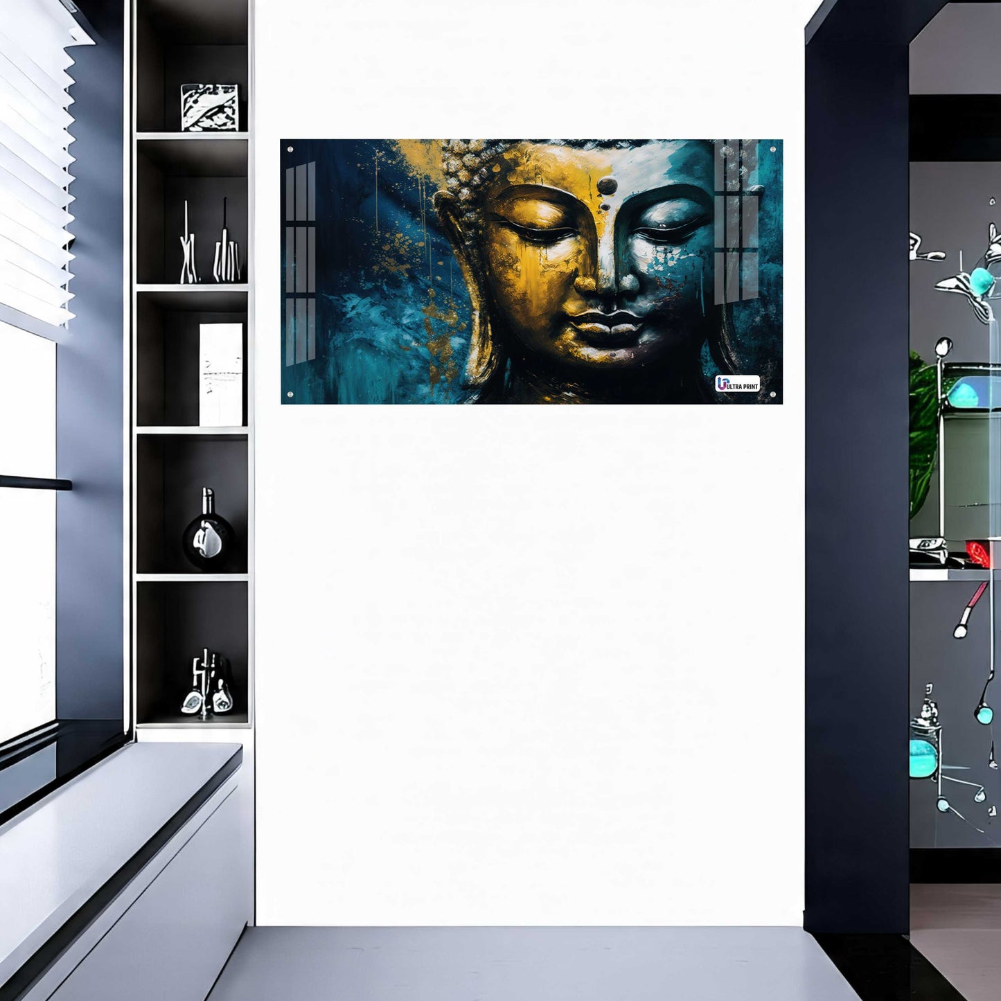 Golden Blue Buddha Face Spiritual Abstract Wall Art