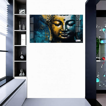 Golden Blue Buddha Face Spiritual Abstract Wall Art