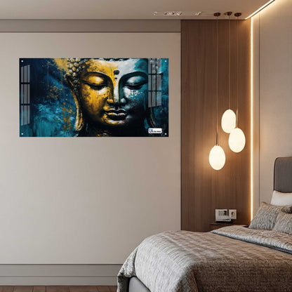 Golden Blue Buddha Face Spiritual Abstract Wall Art