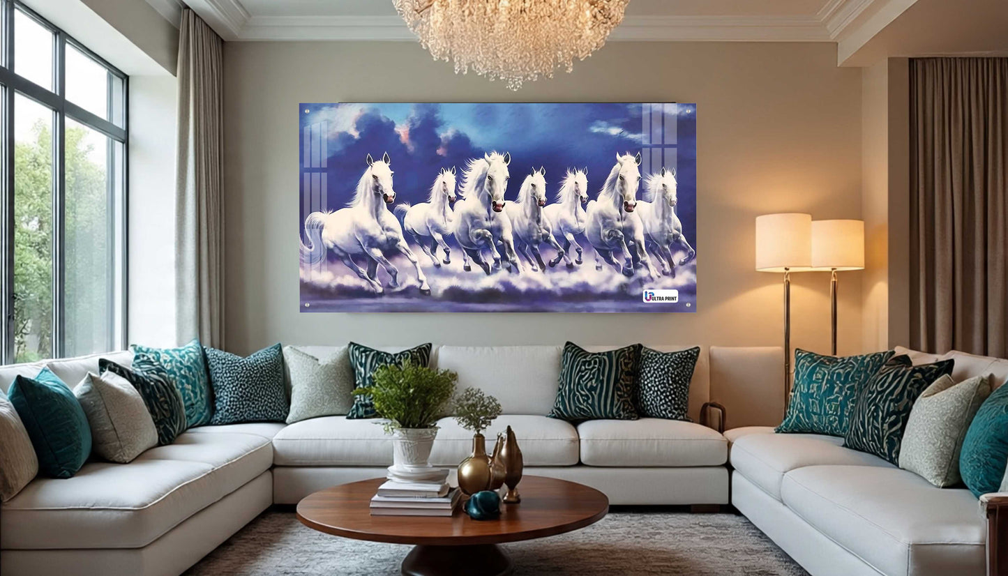 Seven Running White Horses Vastu Wall Art Painting