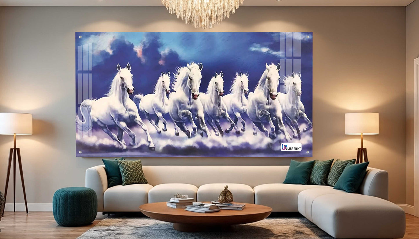 Seven Running White Horses Vastu Wall Art Painting