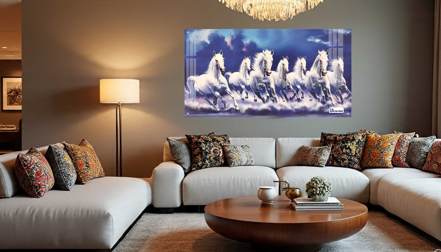 Seven Running White Horses Vastu Wall Art Painting