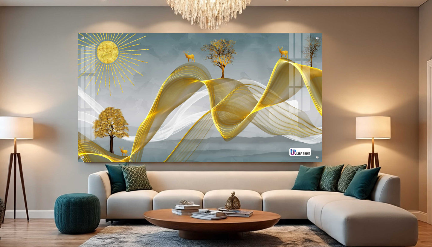 Golden Waves Nature Abstract Premium Acrylic Wall Art