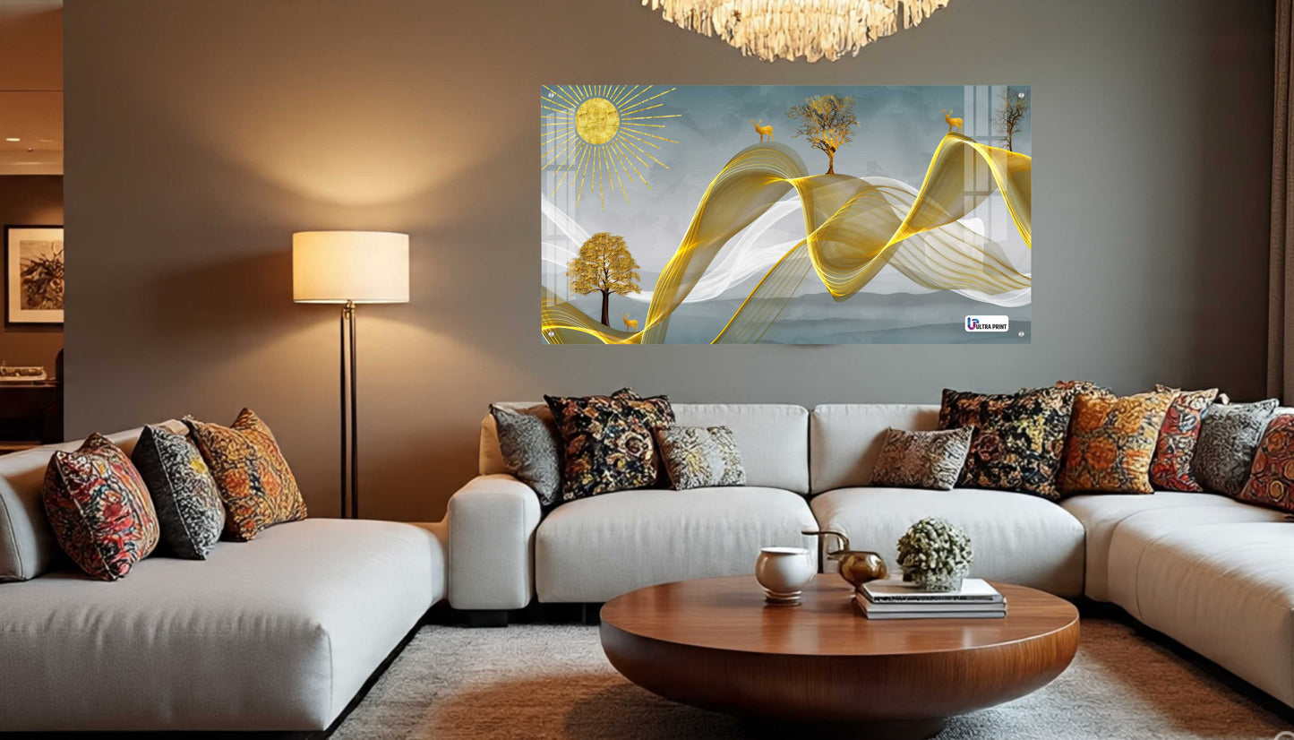 Golden Waves Nature Abstract Premium Acrylic Wall Art