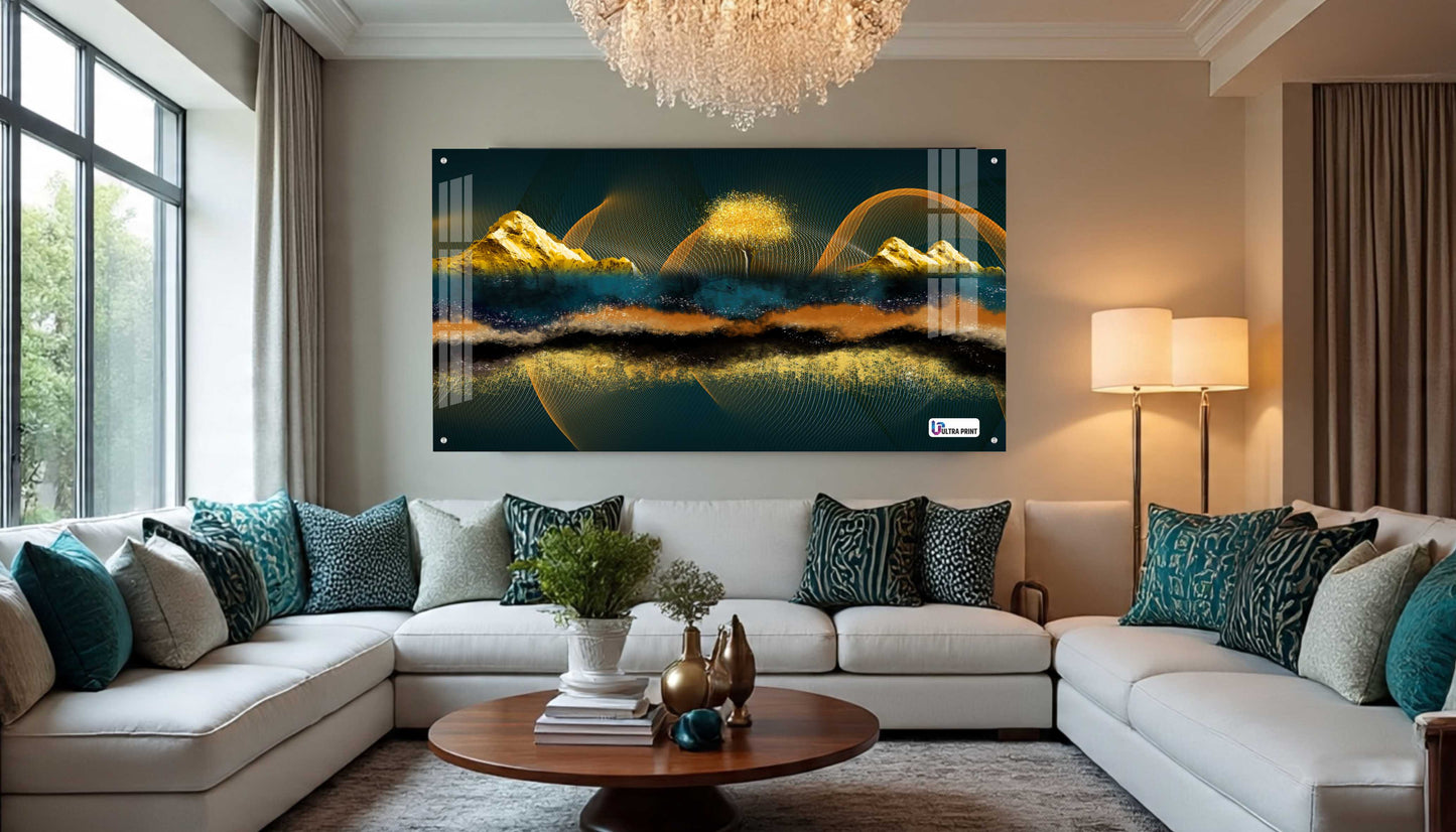 Golden Abstract Mountain Panorama Acrylic Wall Art